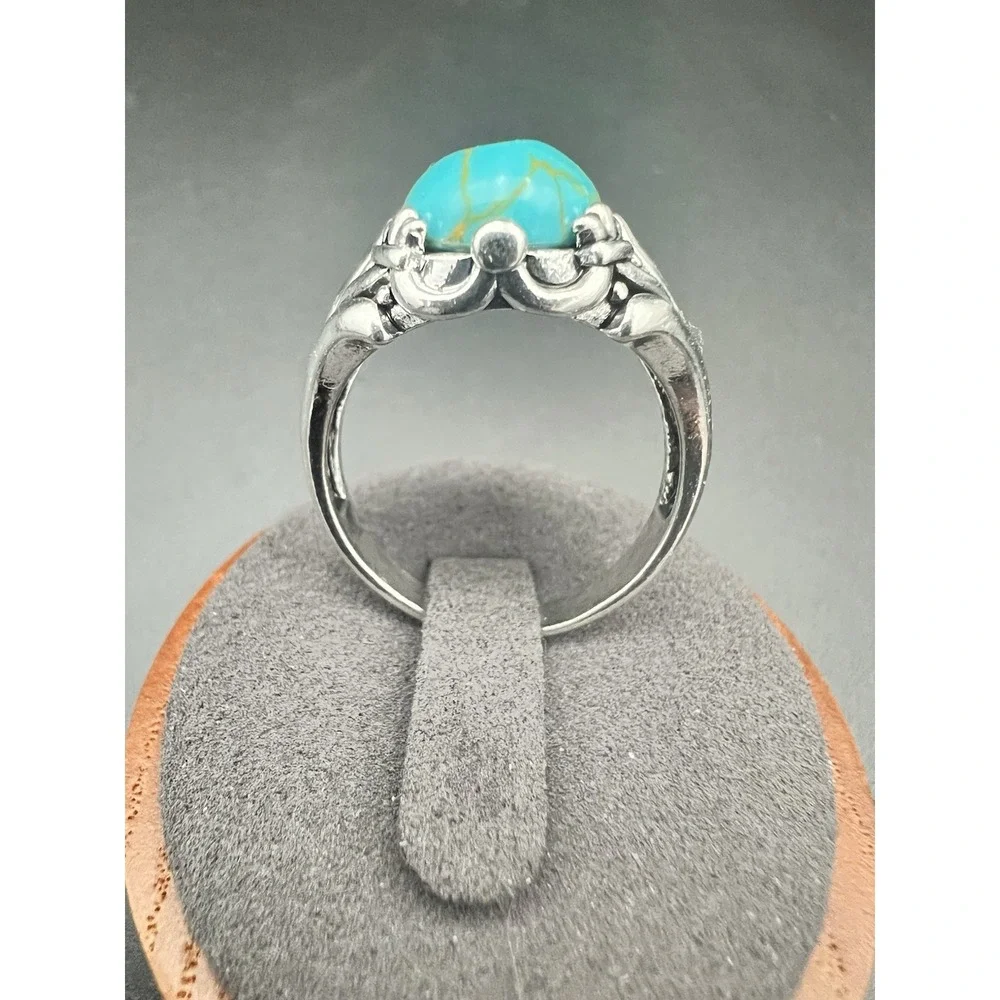 Vintage Style Faux Turquoise Silver Tone Statement Ring Size 9 Southwestern